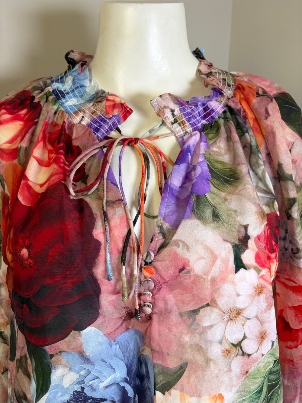 Alice and Olivia Norah Ruffle Peasant Top Cotton Silk Red Blue Floral Sz S - Picture 4 of 13